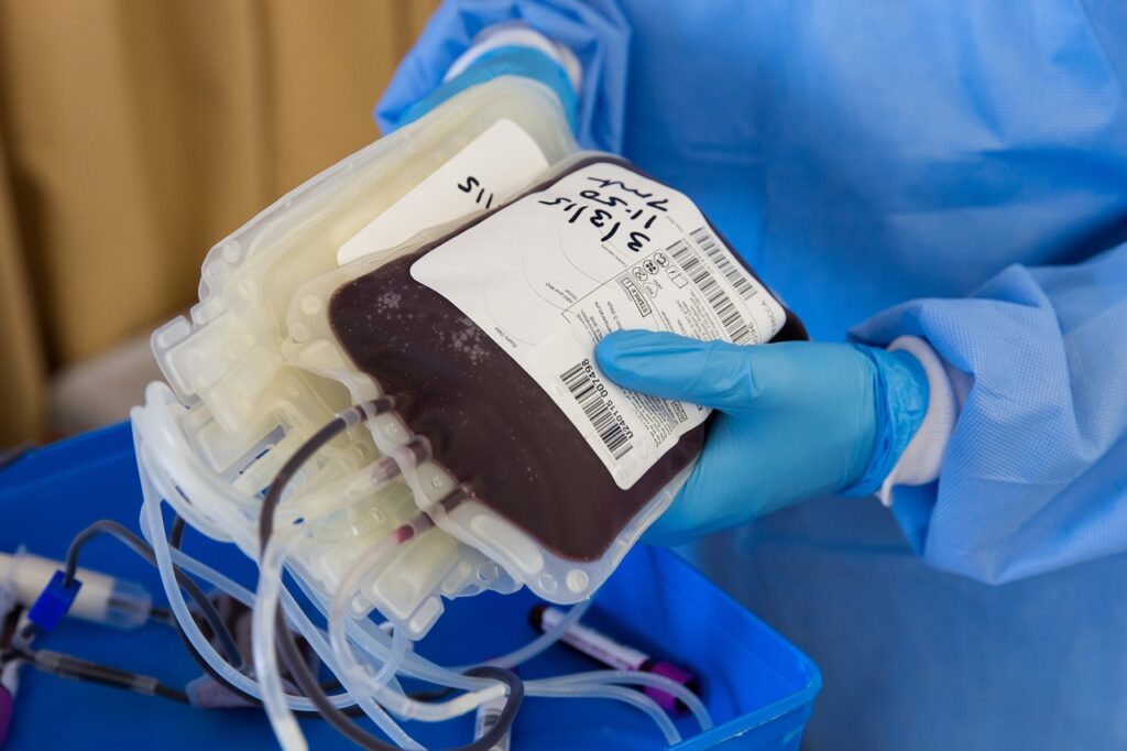 Visão de uma enfermeira com luvas segurando bolsas de sangue coletados no hospital