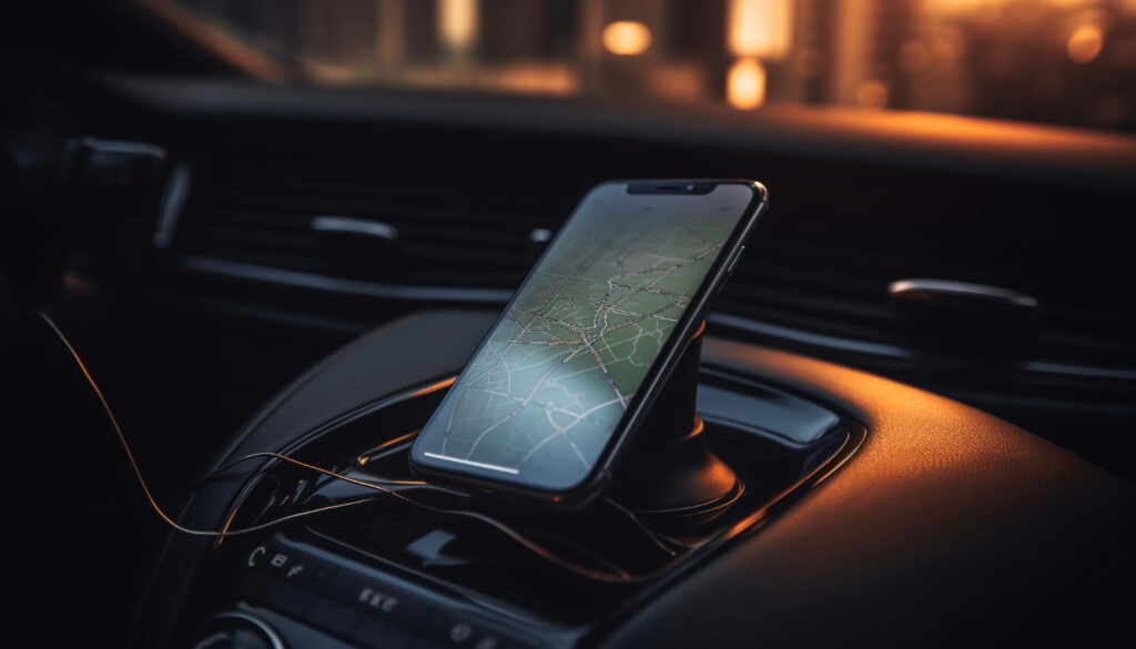 visão de um celular no painel do carro com um mapa na tela