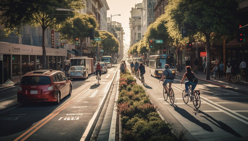 Imagem de avenida gerada por IA, com ciclistas, veículos e pedestres circulando de forma segura e pacífica