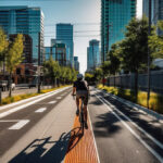 Ciclista pedala por ciclovia em metrópole com as ruas ao redor vazias.
