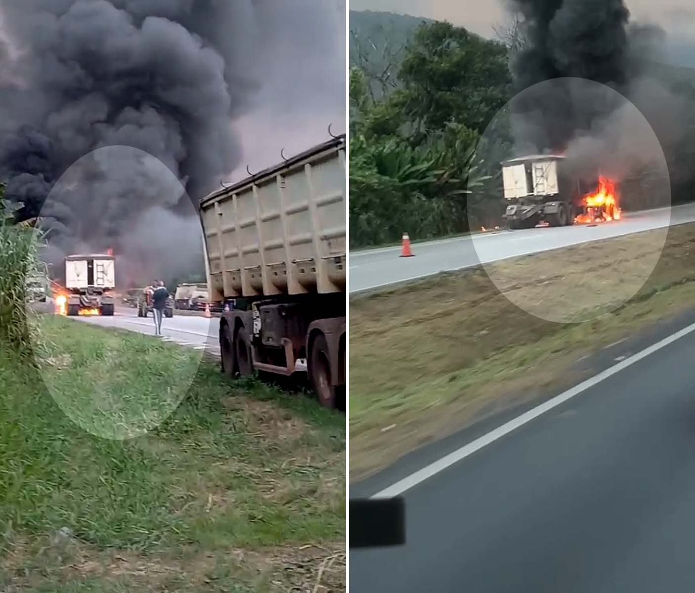 Incêndio destrói caminhão e interdita pistas da BR-277, sentido litoral do Paraná; vídeo